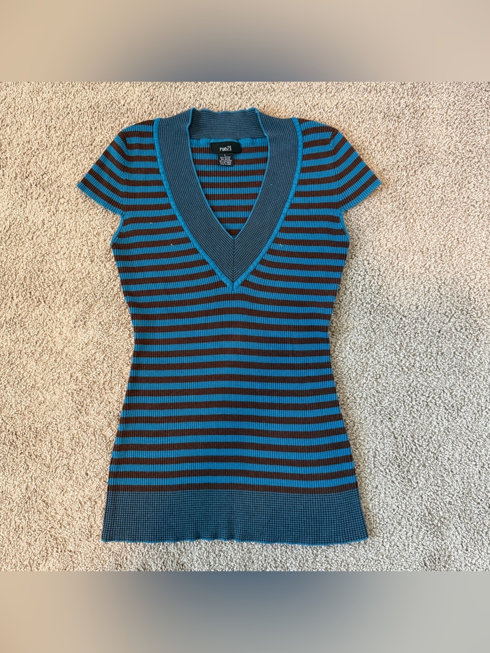 Rue21 Blue and Brown Striped Y2K Ribbed Deep V‑Neck Top